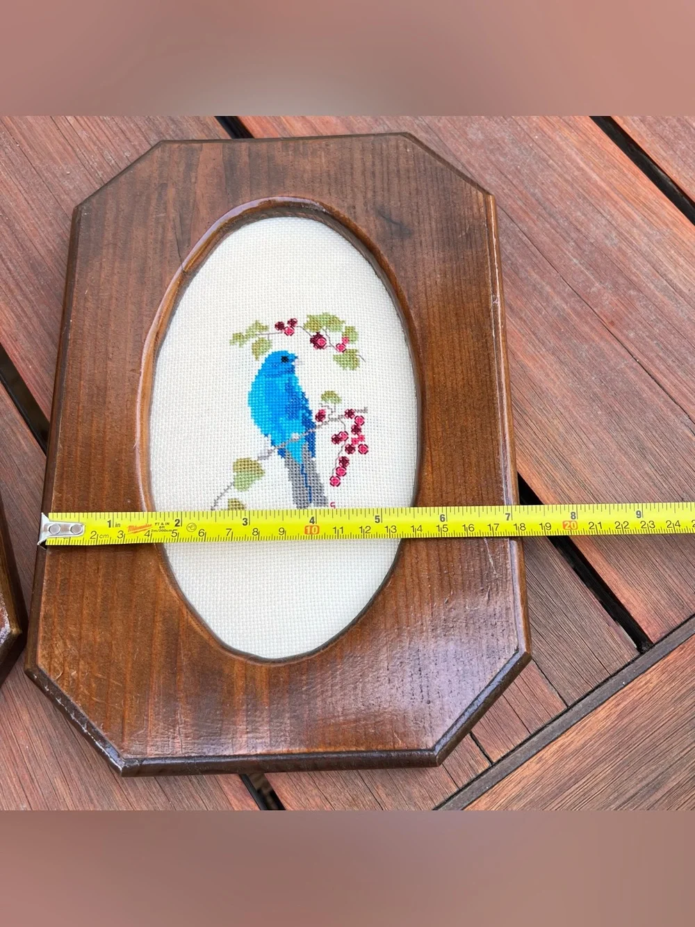 Vintage Needlepoint Bluebird and Cardinal Wooden Framed Art Oval Birds 11
